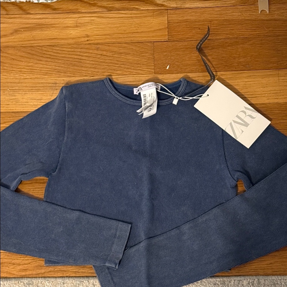 NWT ZARA Washed Denim-Blue Ribbed Long Sleeve Crop Top